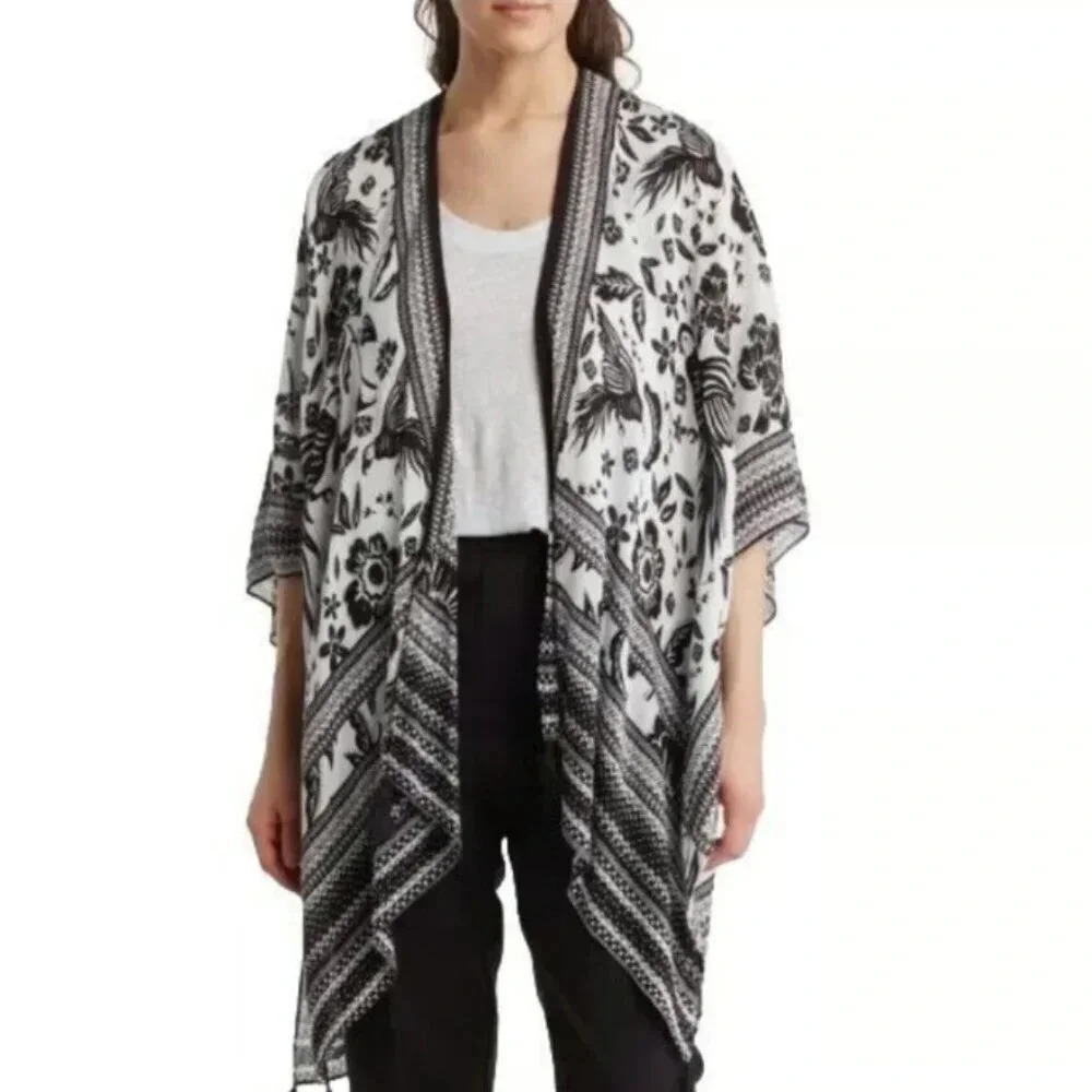 Vince Camuto Womens OS Kimono Shrug Tassel Topper Shawl Wrap Black White